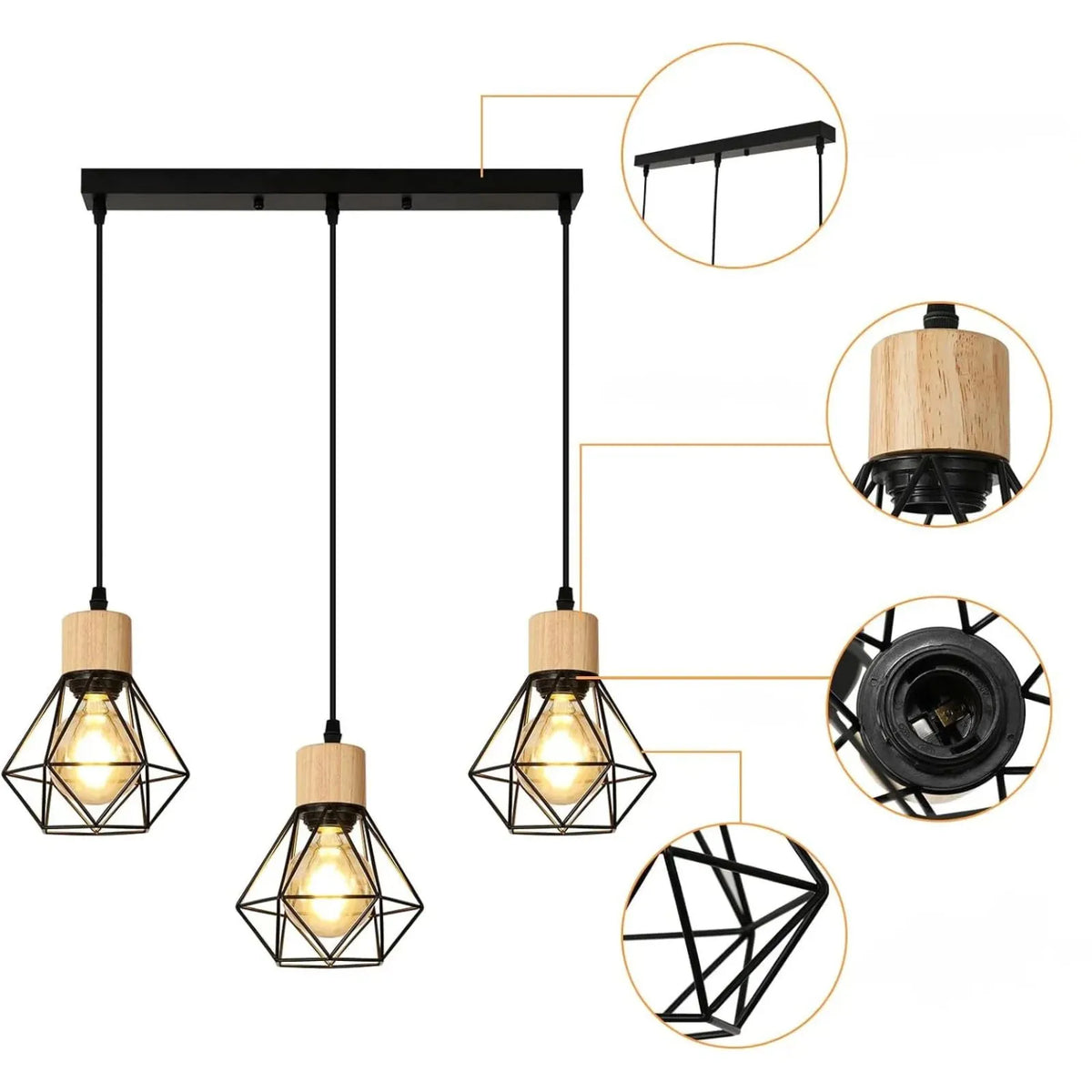 Suspension luminaire métal noir cage 3 têtes salon — Diamond — photo 7