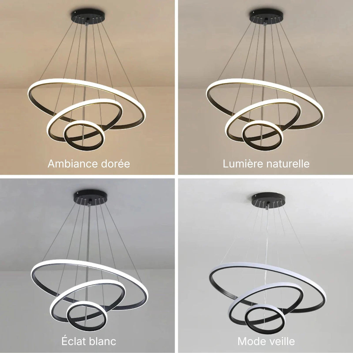 Suspension luminaire métal noir 3 anneaux LED salon — Halo — photo 2