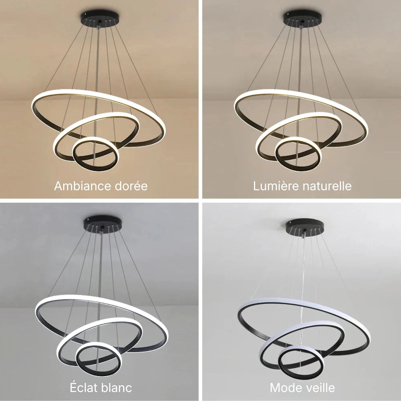 Suspension luminaire métal noir 3 anneaux LED salon — Halo — photo 2