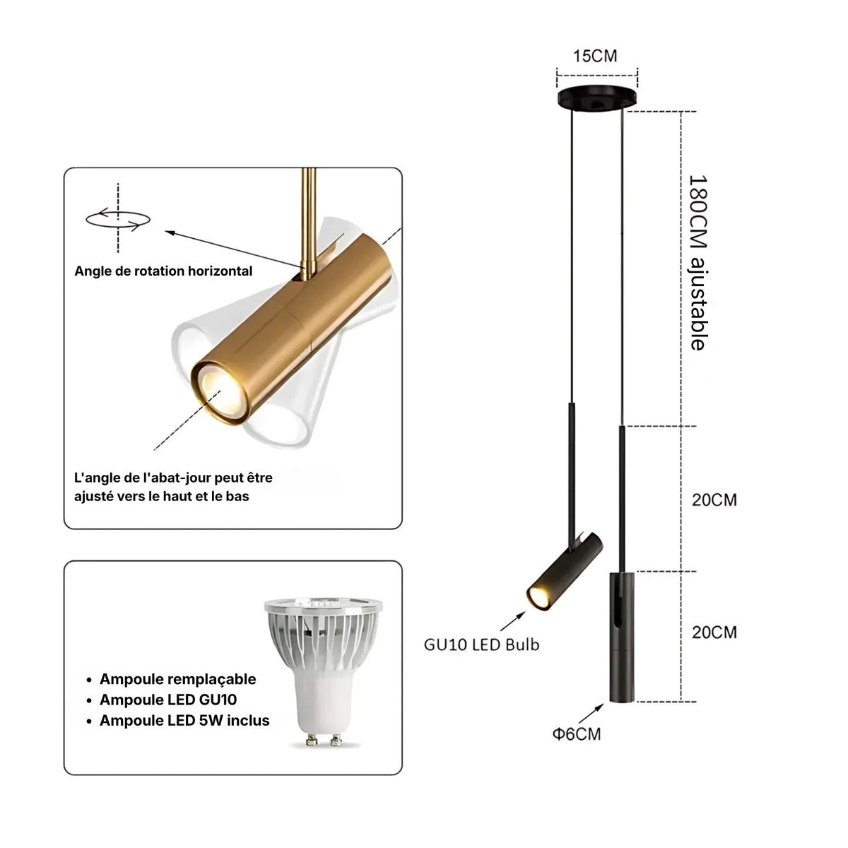 Suspension luminaire métal noir spot GU10 orientable chambre — Orla — photo 6