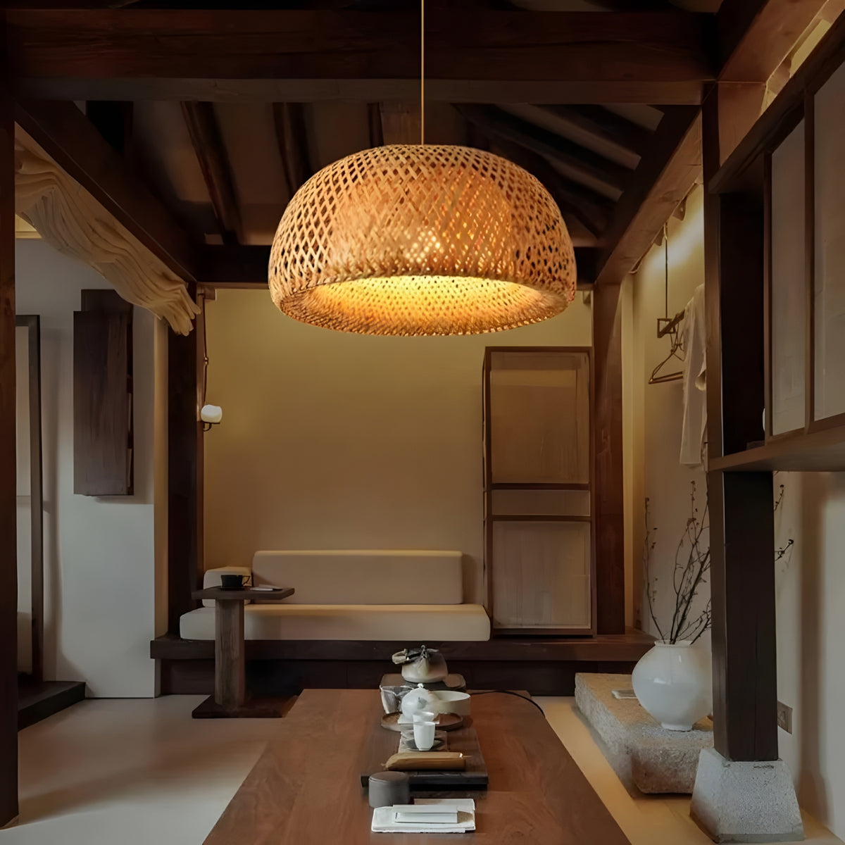 Suspension luminaire bambou dôme artisanal salle à manger — Tomo