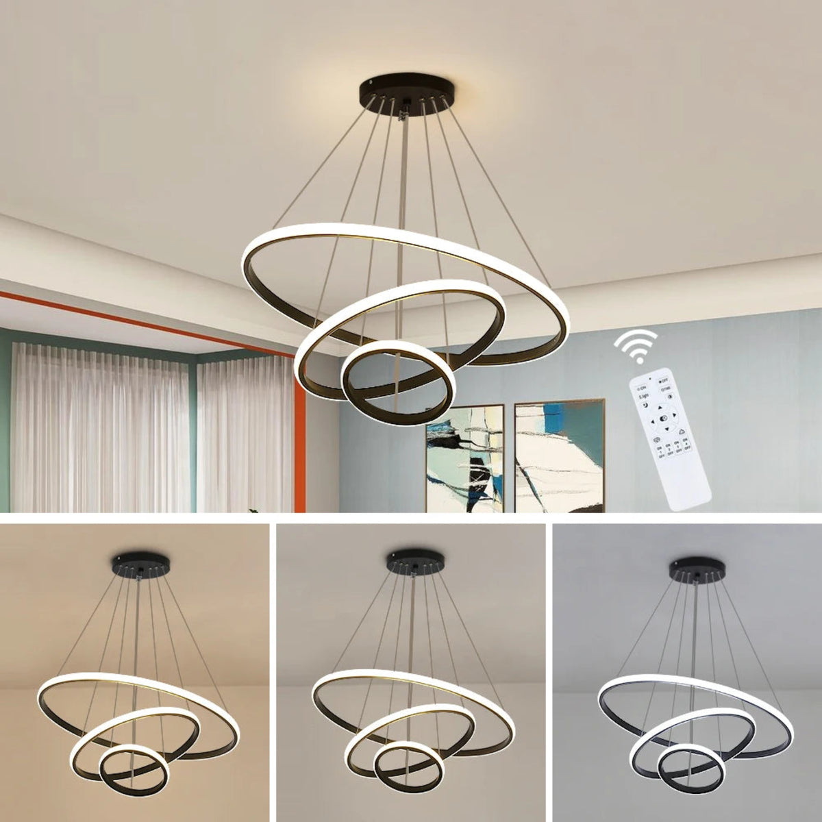 Suspension luminaire métal noir 3 anneaux LED salon — Halo — photo 3