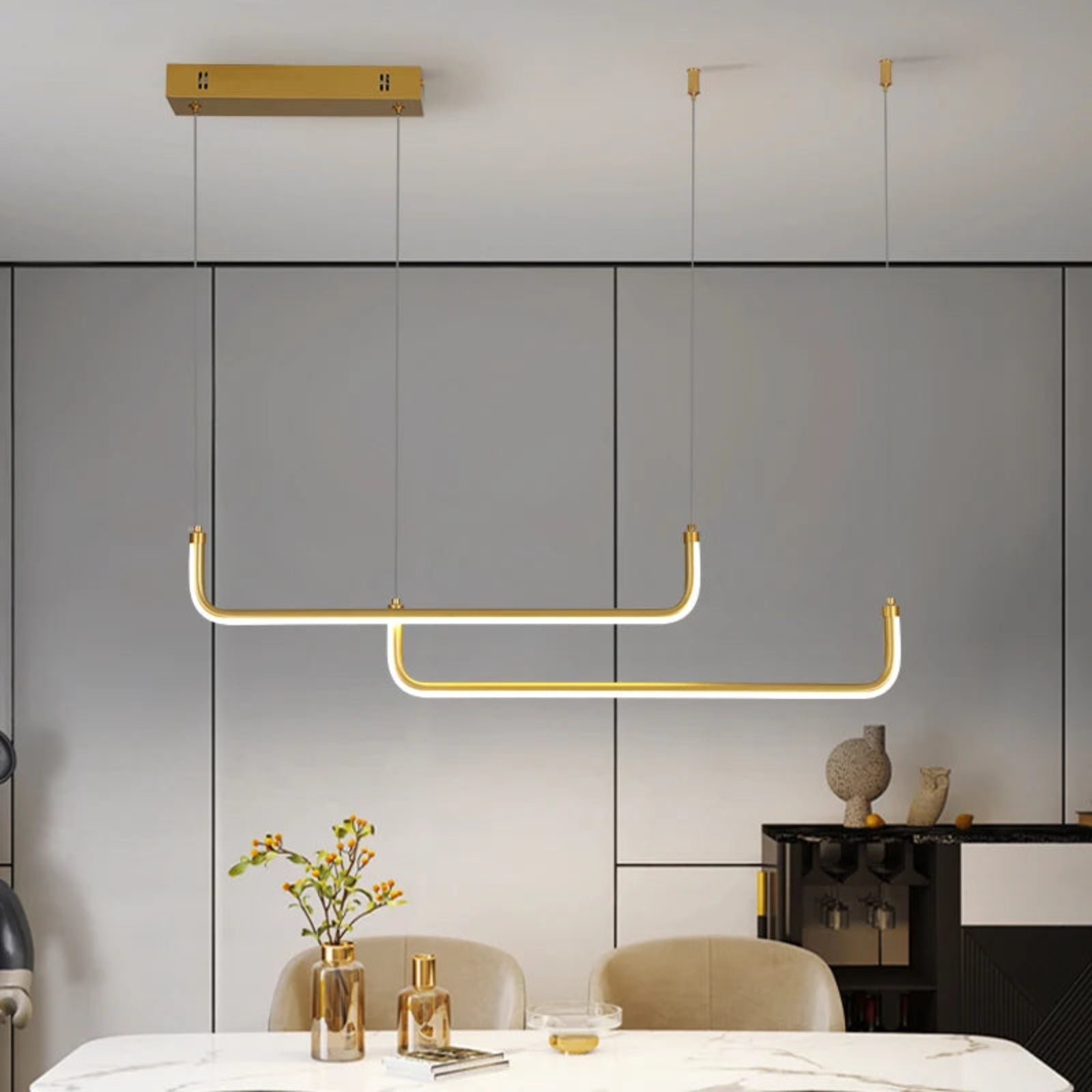 Suspension luminaire métal doré linéaire salle à manger LED 90cm — Mira